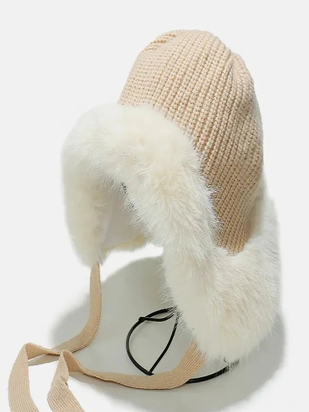 Thermal Ribbed Knit Ear Flap Hat with Fuzzy Ties