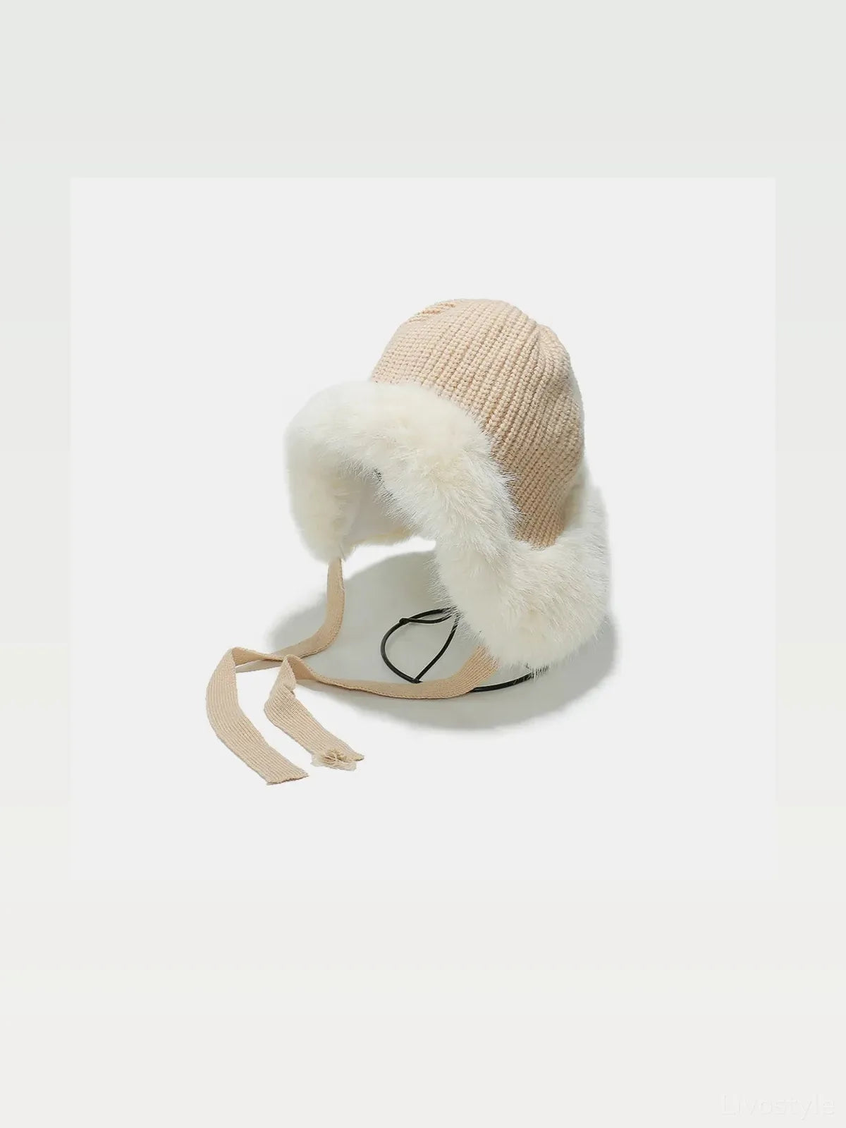 Thermal Ribbed Knit Ear Flap Hat with Fuzzy Ties
