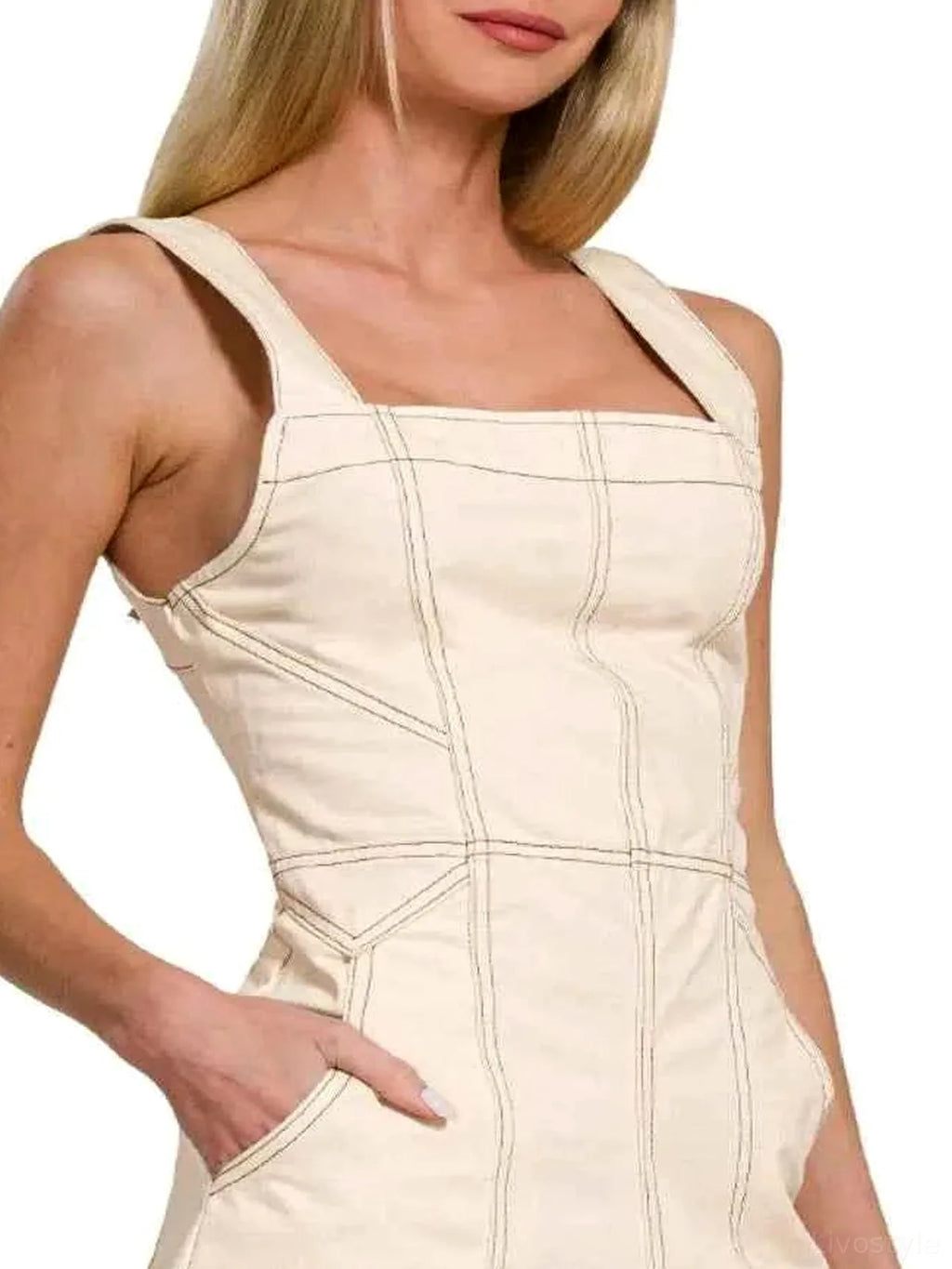 Square Neck Tie Back Romper with Contrast Stitching