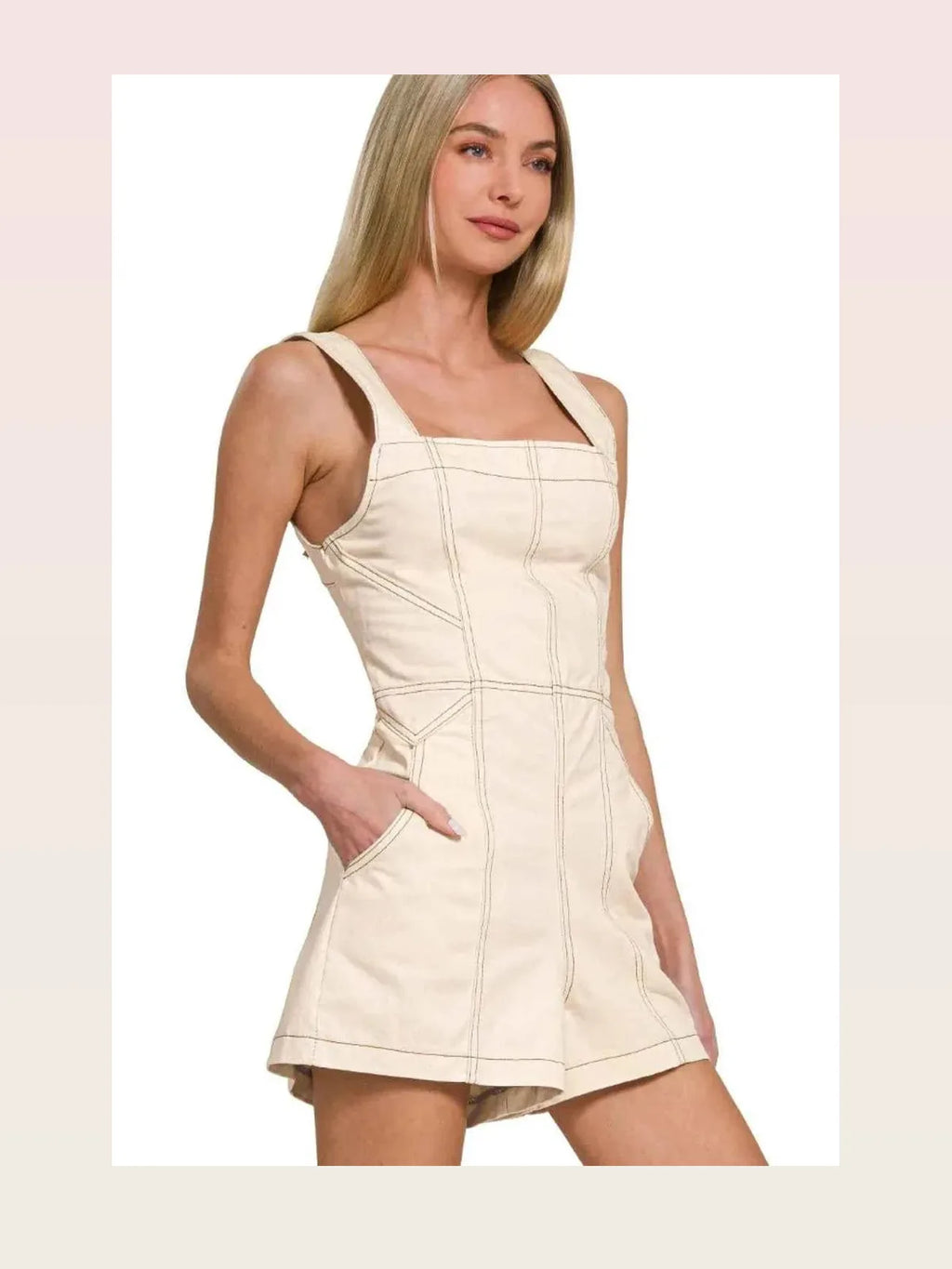 Square Neck Tie Back Romper with Contrast Stitching