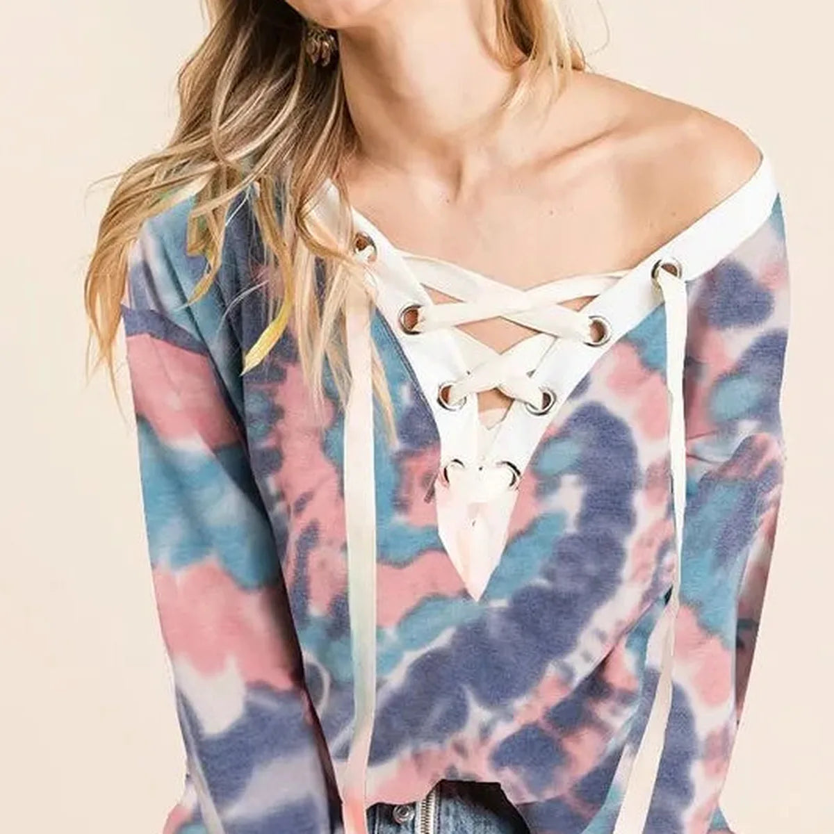 Boho Tie-Dye Long Sleeve Top with Lace-Up Neckline