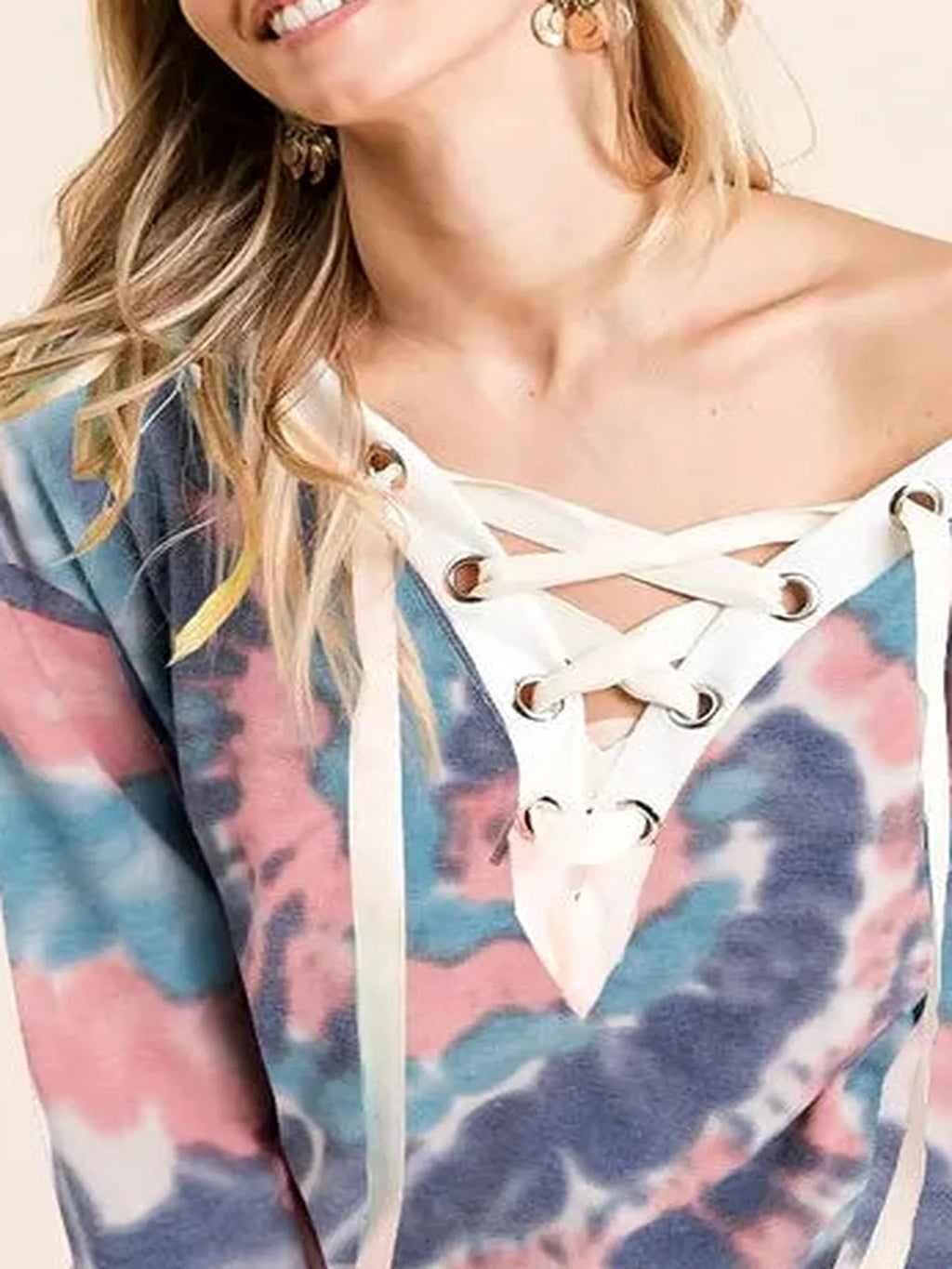 Boho Tie-Dye Long Sleeve Top with Lace-Up Neckline