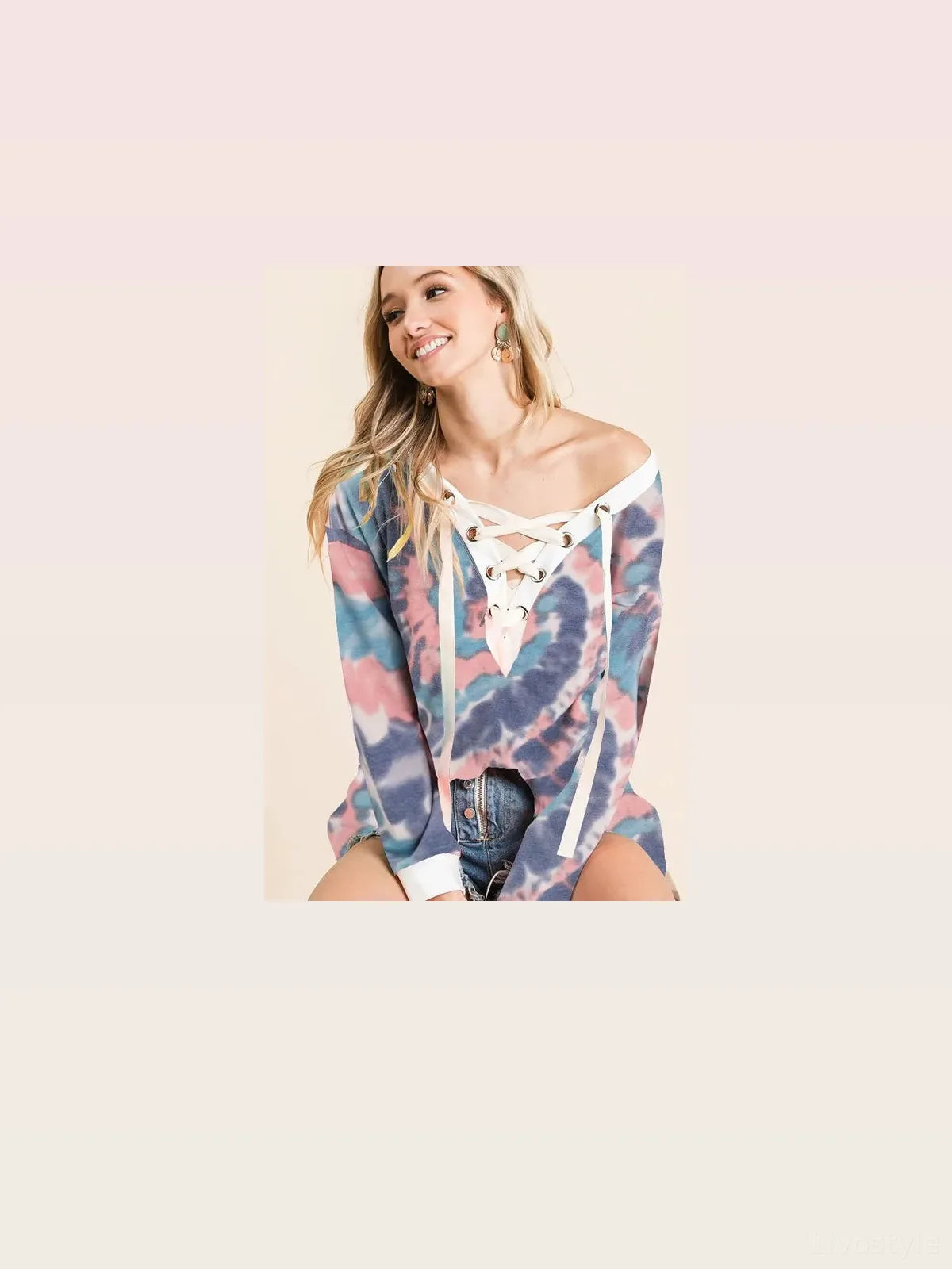 Boho Tie-Dye Long Sleeve Top with Lace-Up Neckline