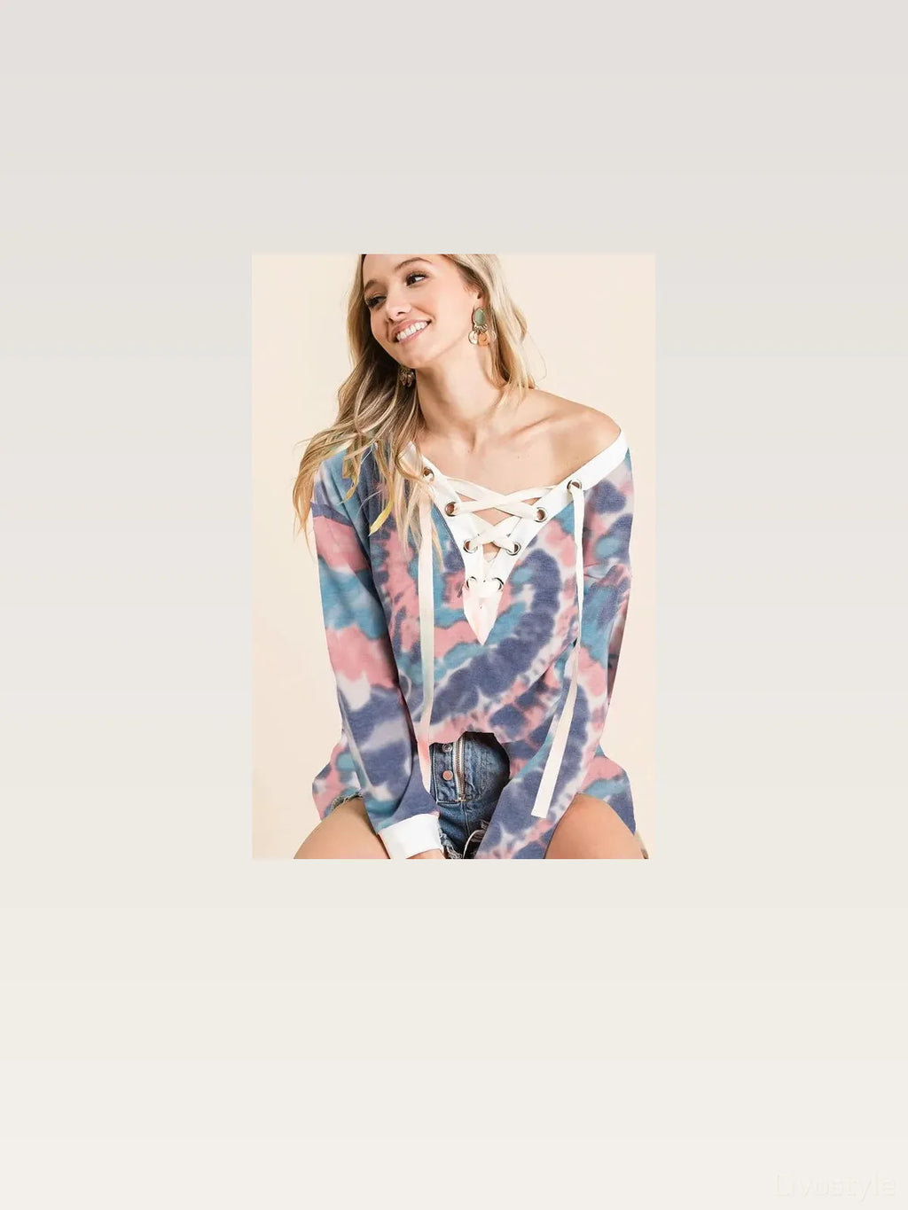 Boho Tie-Dye Long Sleeve Top with Lace-Up Neckline
