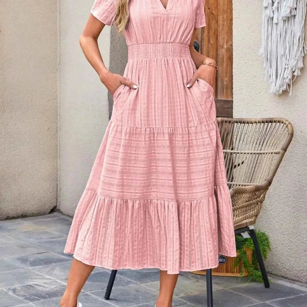Tiered Notched V-Neck Short Sleeve Midi Dress