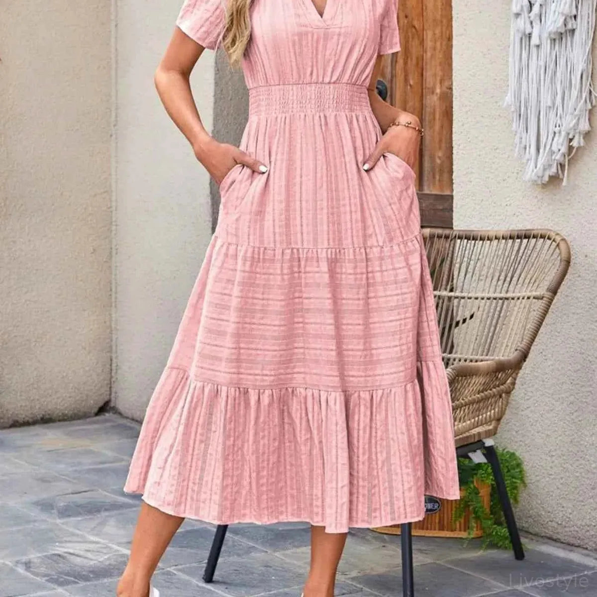 Tiered Notched V-Neck Short Sleeve Midi Dress