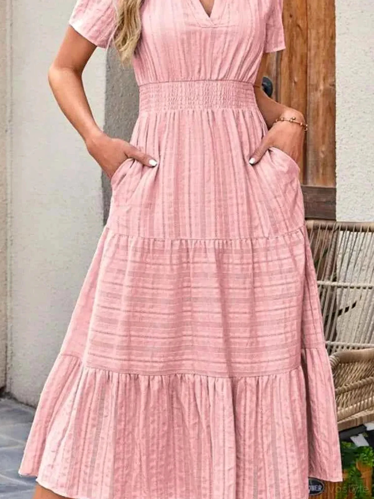 Tiered Notched V-Neck Short Sleeve Midi Dress