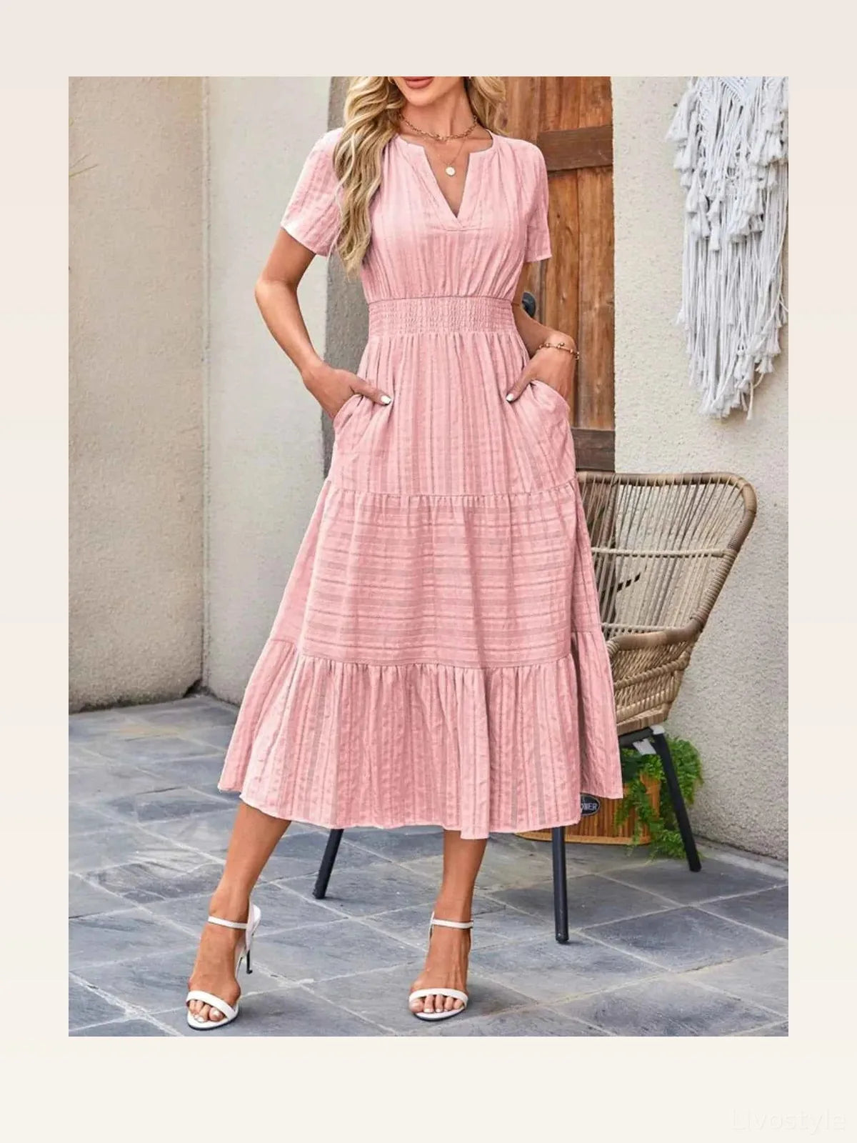 Tiered Notched V-Neck Short Sleeve Midi Dress