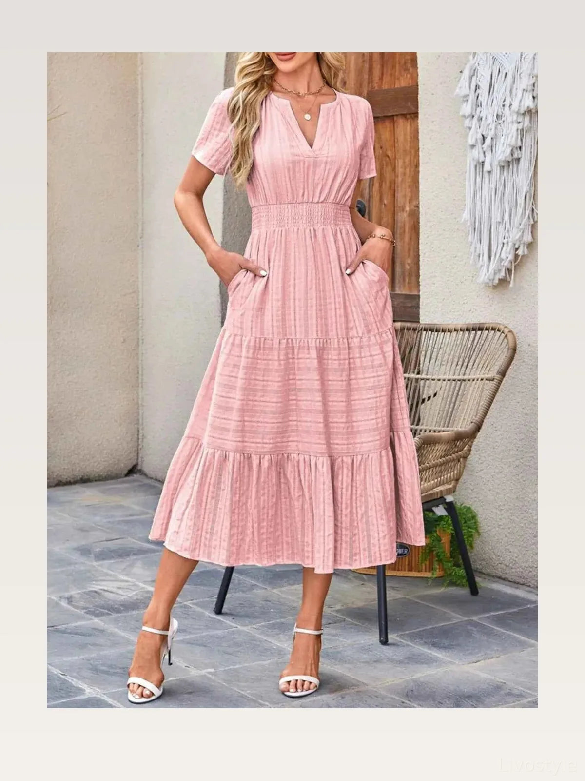 Tiered Notched V-Neck Short Sleeve Midi Dress