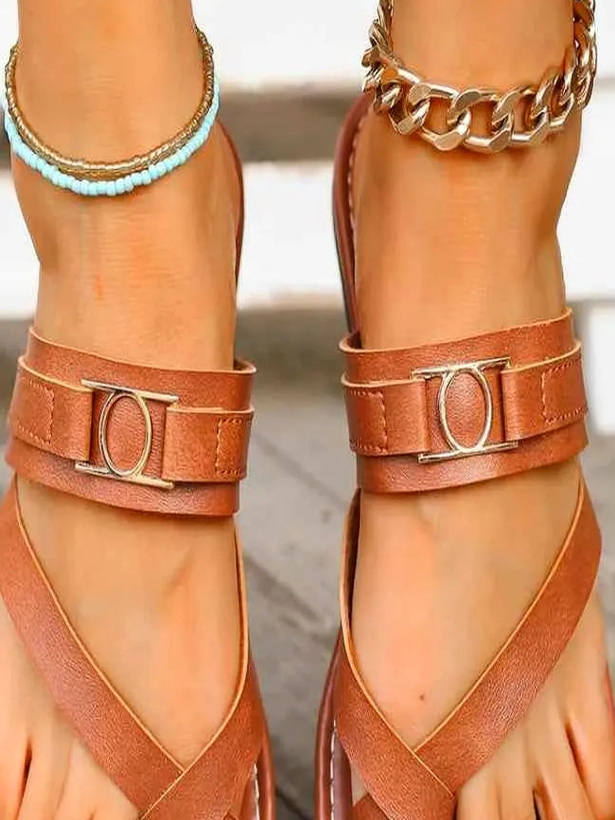 Faux Leather Thong Toe Loop Flat Sandals with Ankle Strap