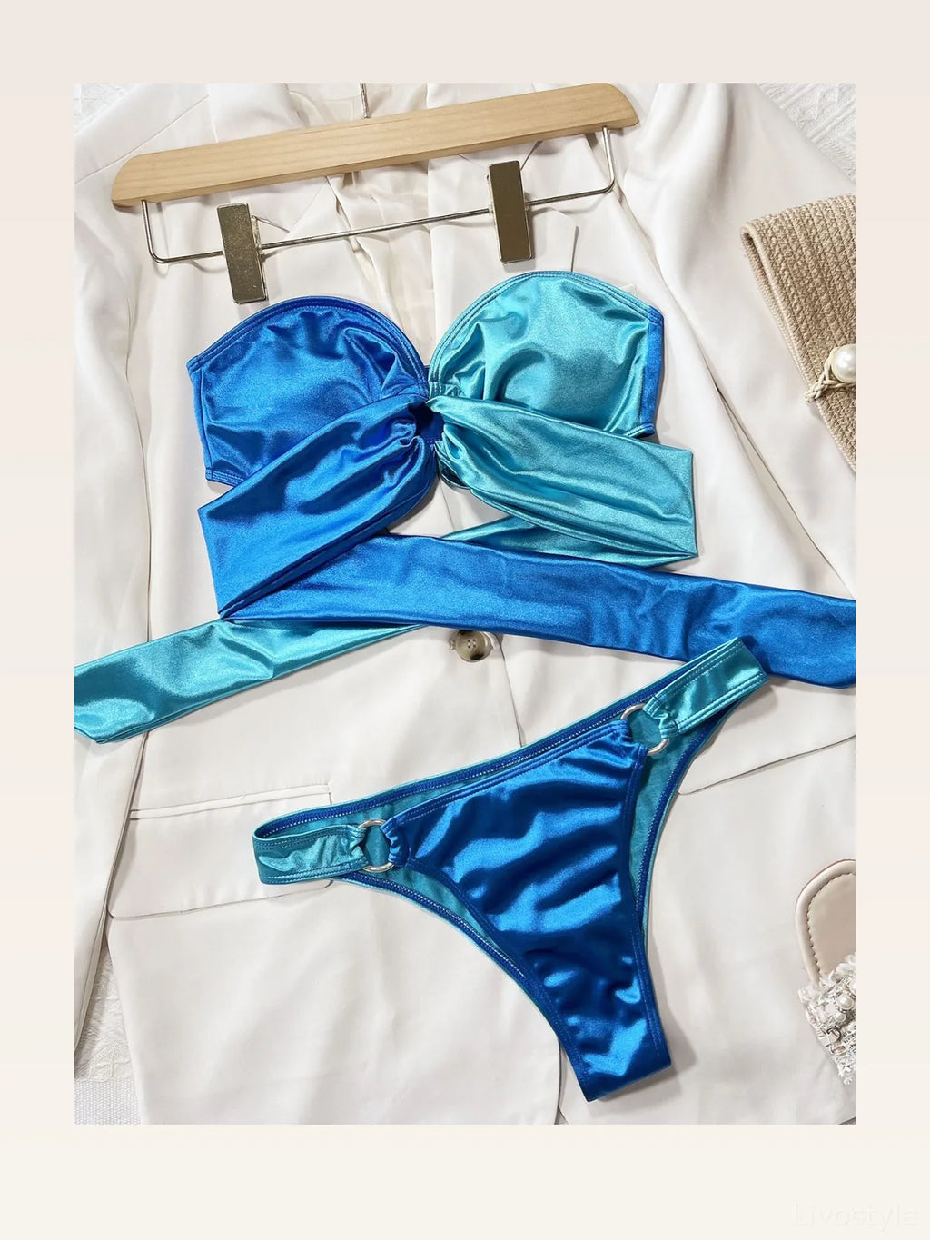 Two-Tone Ring Detail Tied Bandeau Bikini Set