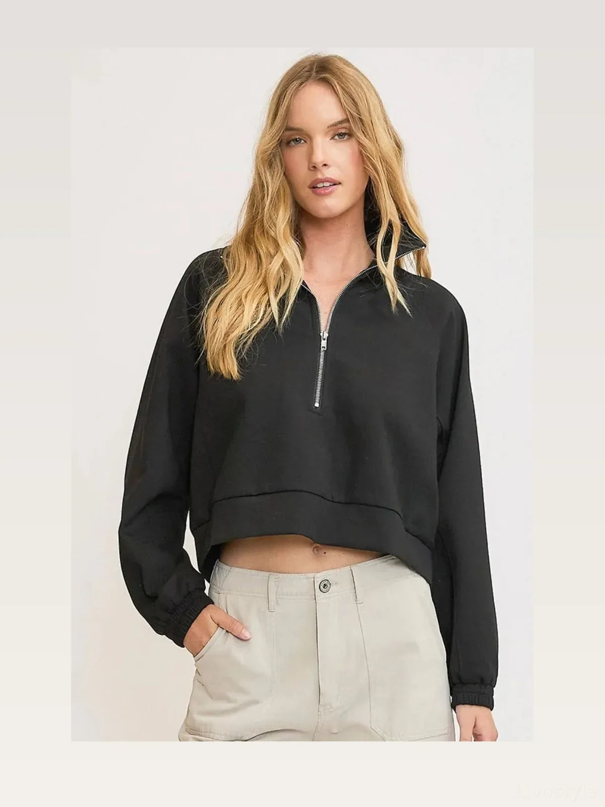 Half-Zip Cropped Sweatshirt with Zipper Collar