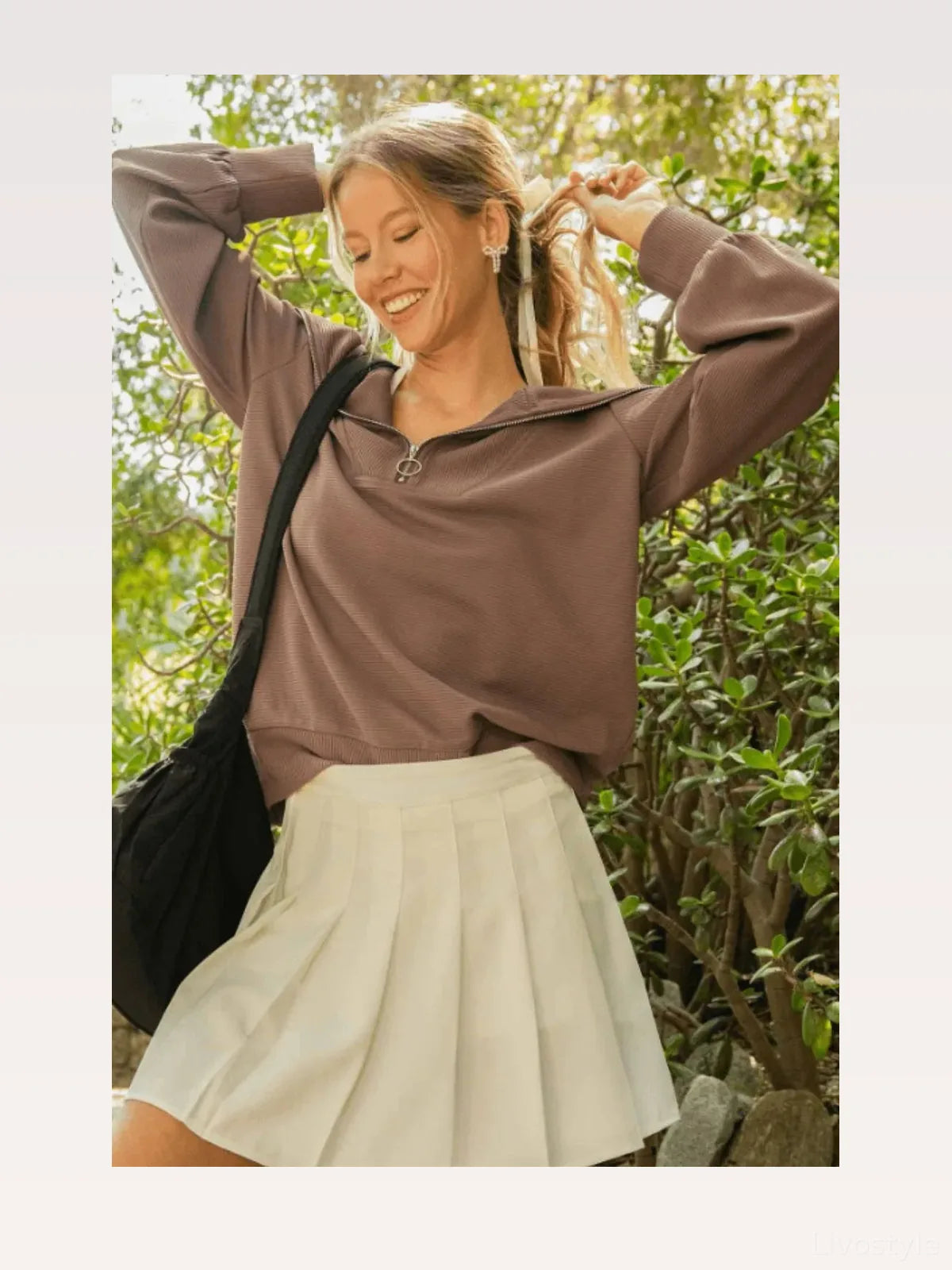 Ribbed Knit Half-Zip Sweatshirt with Long Sleeves