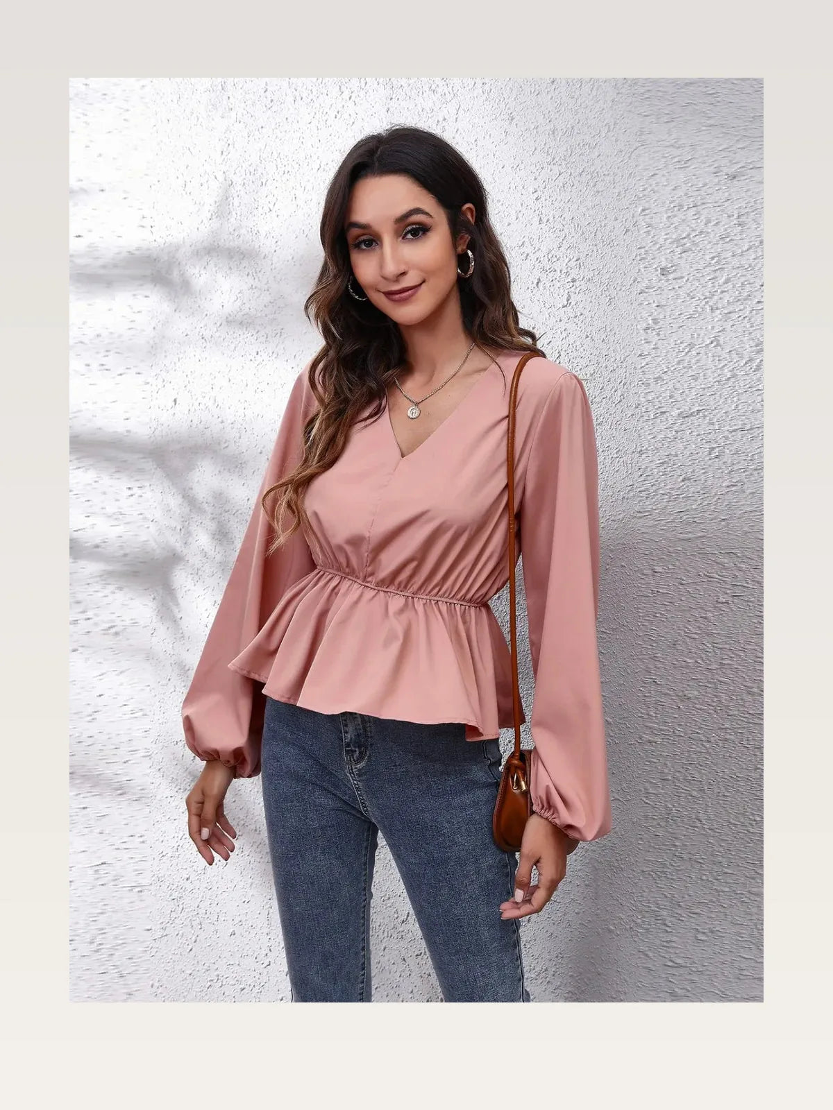 V-Neck Balloon Sleeve Peplum Blouse