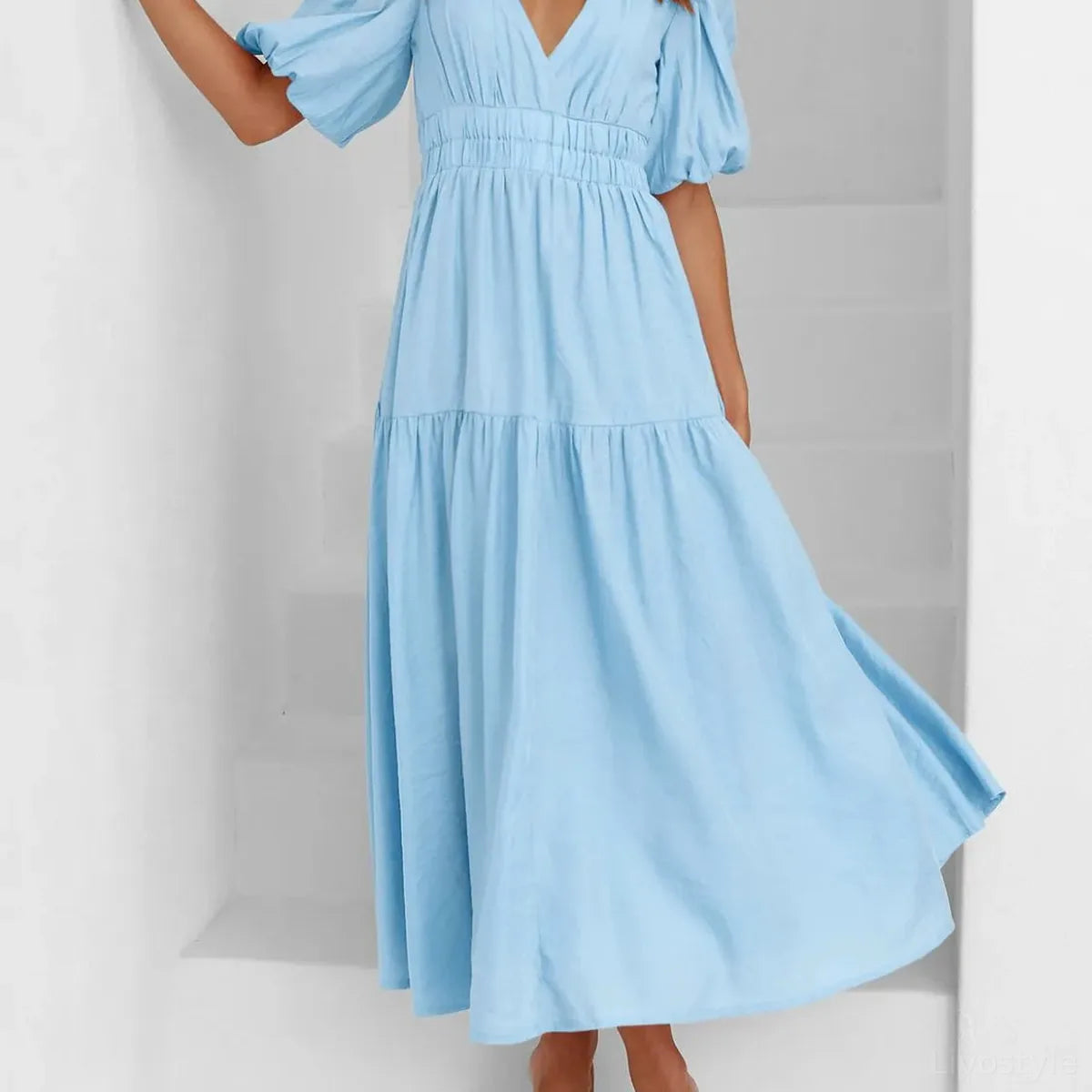 V-Neck Puff Sleeve Midi Dress with Empire Waist