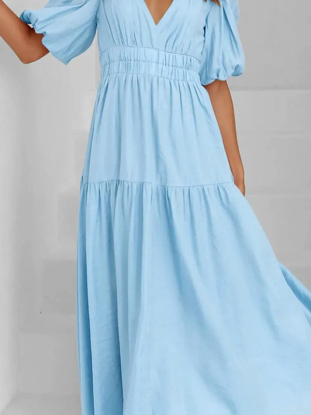 V-Neck Puff Sleeve Midi Dress with Empire Waist