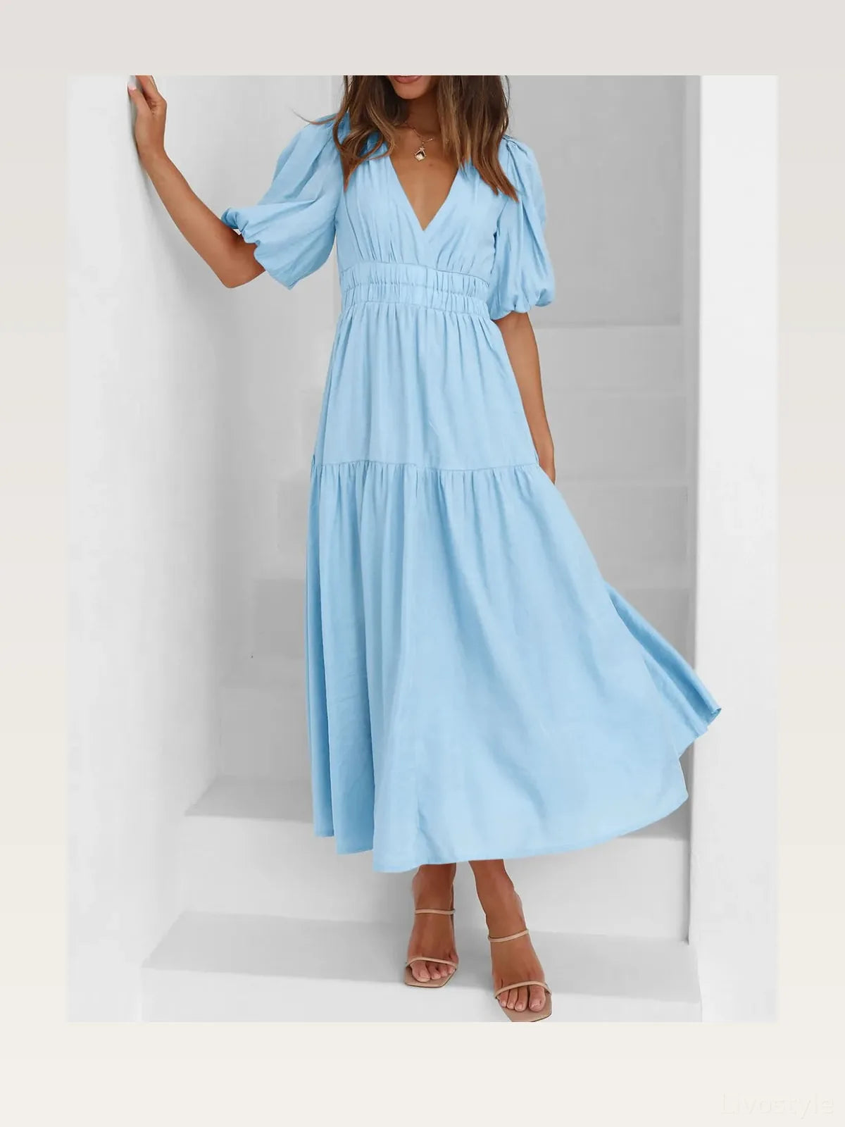 V-Neck Puff Sleeve Midi Dress with Empire Waist