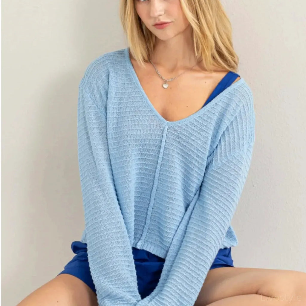 V-Neck Striped Long Sleeve Knit Top