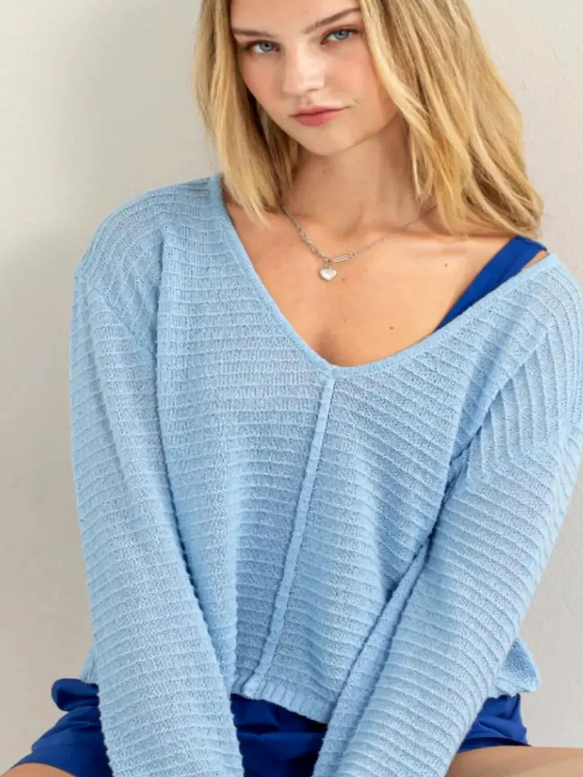 V-Neck Striped Long Sleeve Knit Top