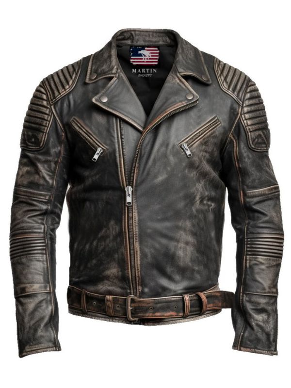 Men's Brown Distressed Leather Biker Jacket