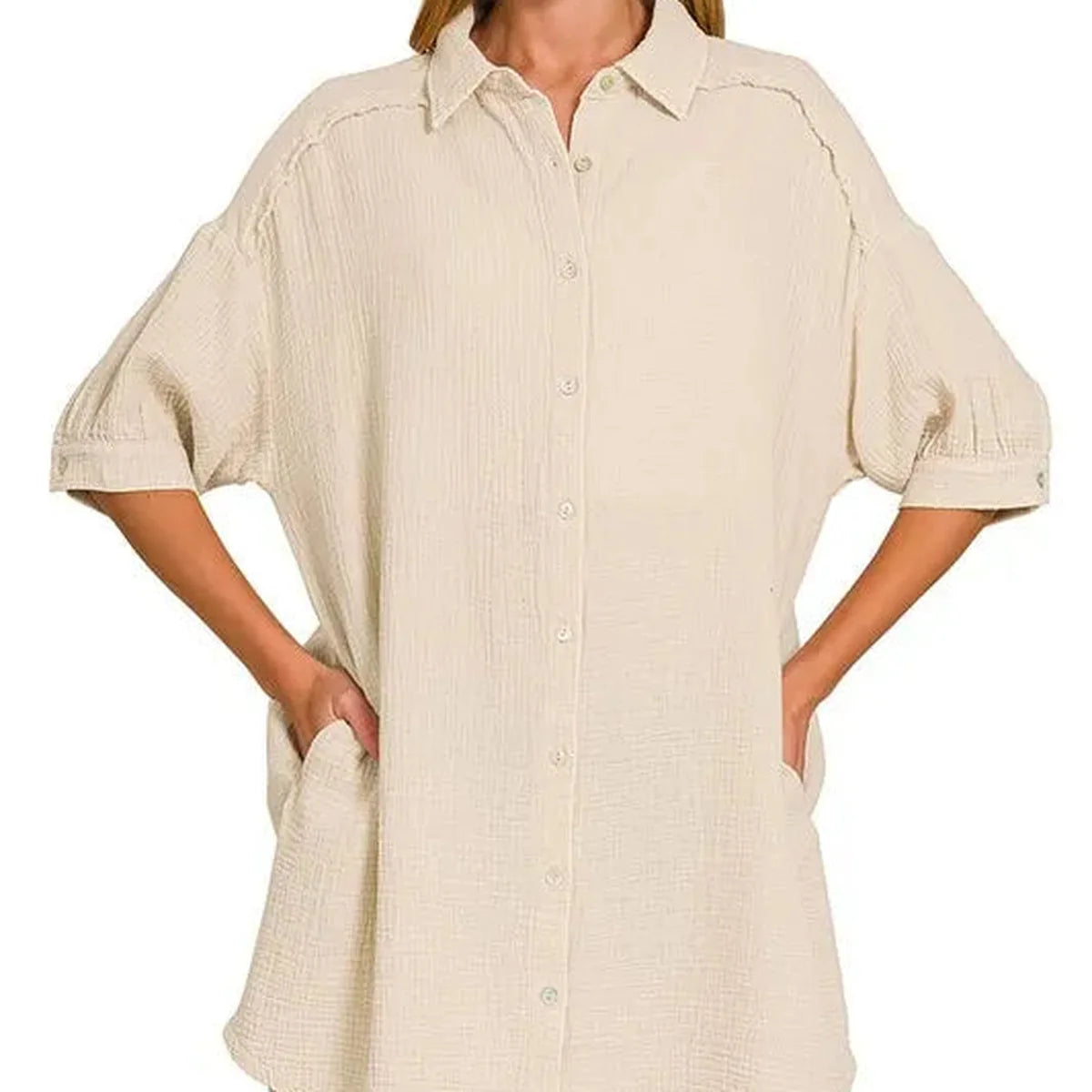 Button Front Double Gauze Shirt Dress – Oversized Fit