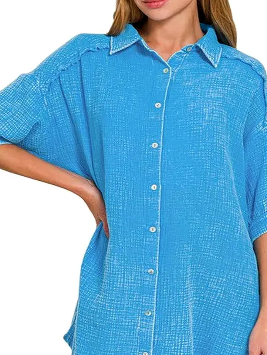 Washed Double Gauze Cotton Shirt Dress with Pockets