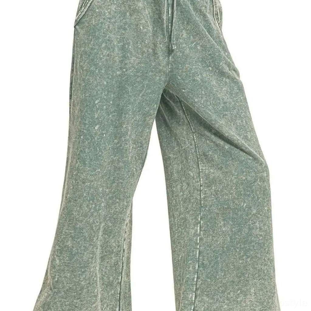 Washed French Terry Wide Leg Palazzo Pants with Pockets