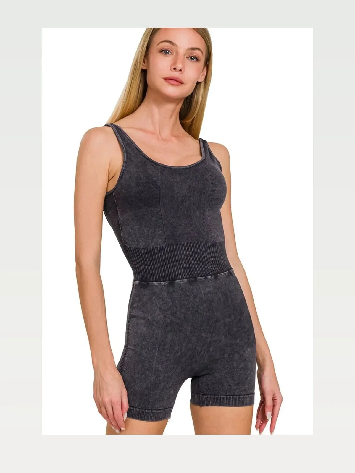 Acid Wash Ribbed Sports Romper with Removable Bra Pads