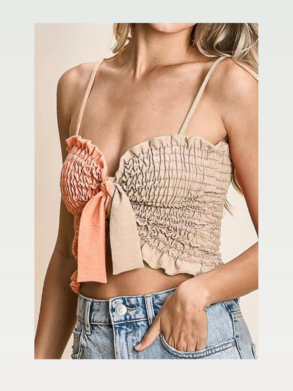 Color Block Smocked Top with Ribbon Detailing