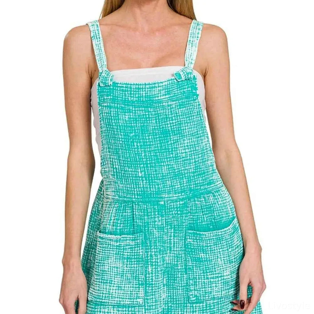 Turquoise Woven Double Gauze Acid Wash Romper