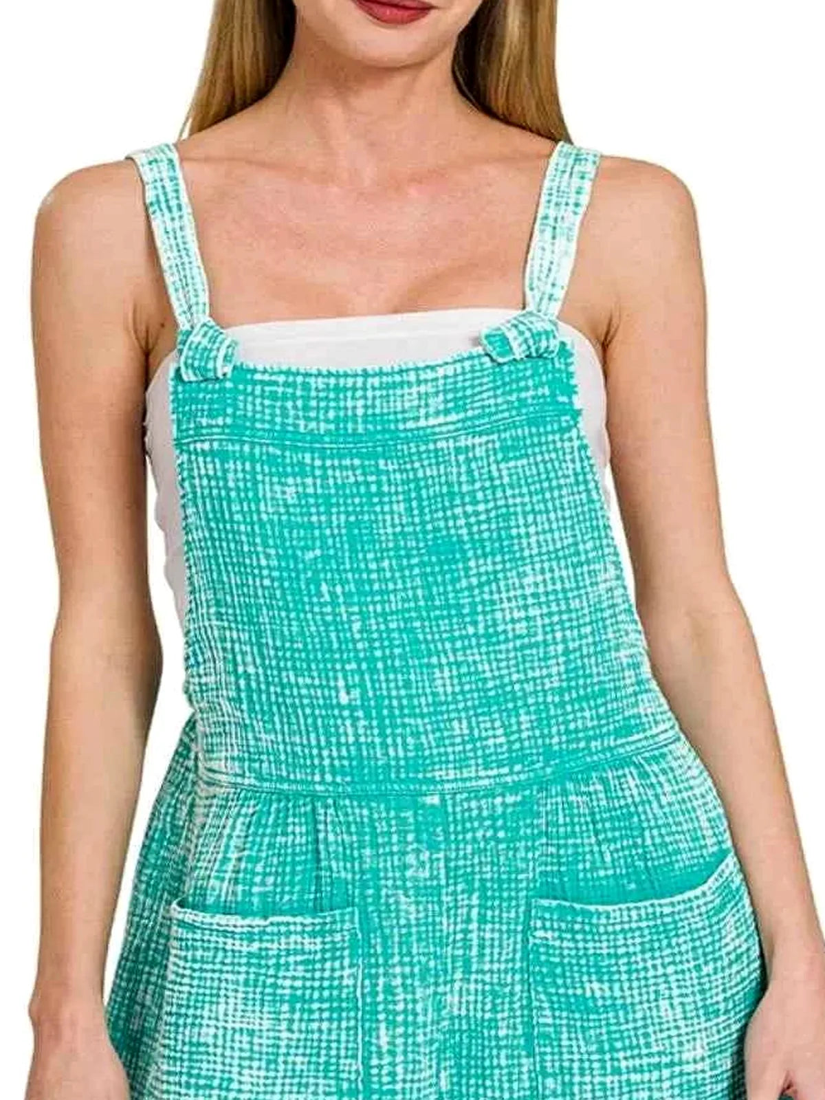 Turquoise Woven Double Gauze Acid Wash Romper