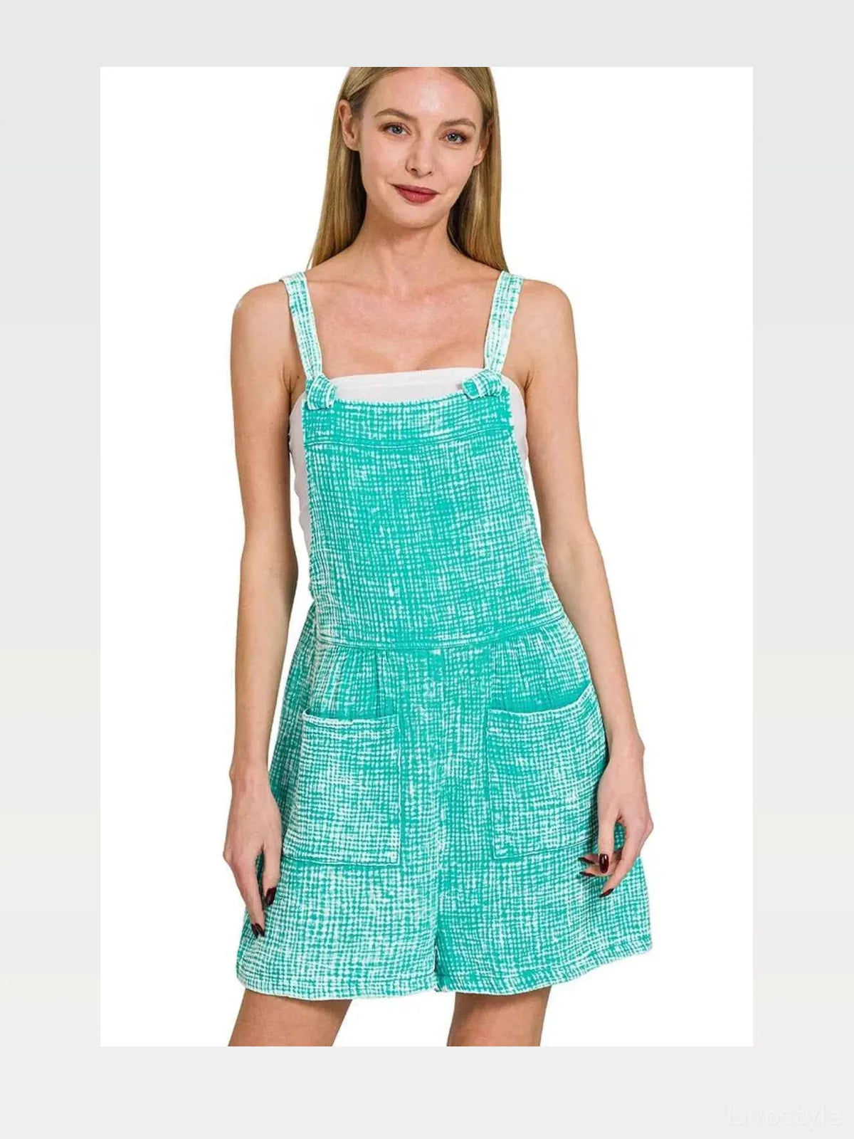 Turquoise Woven Double Gauze Acid Wash Romper