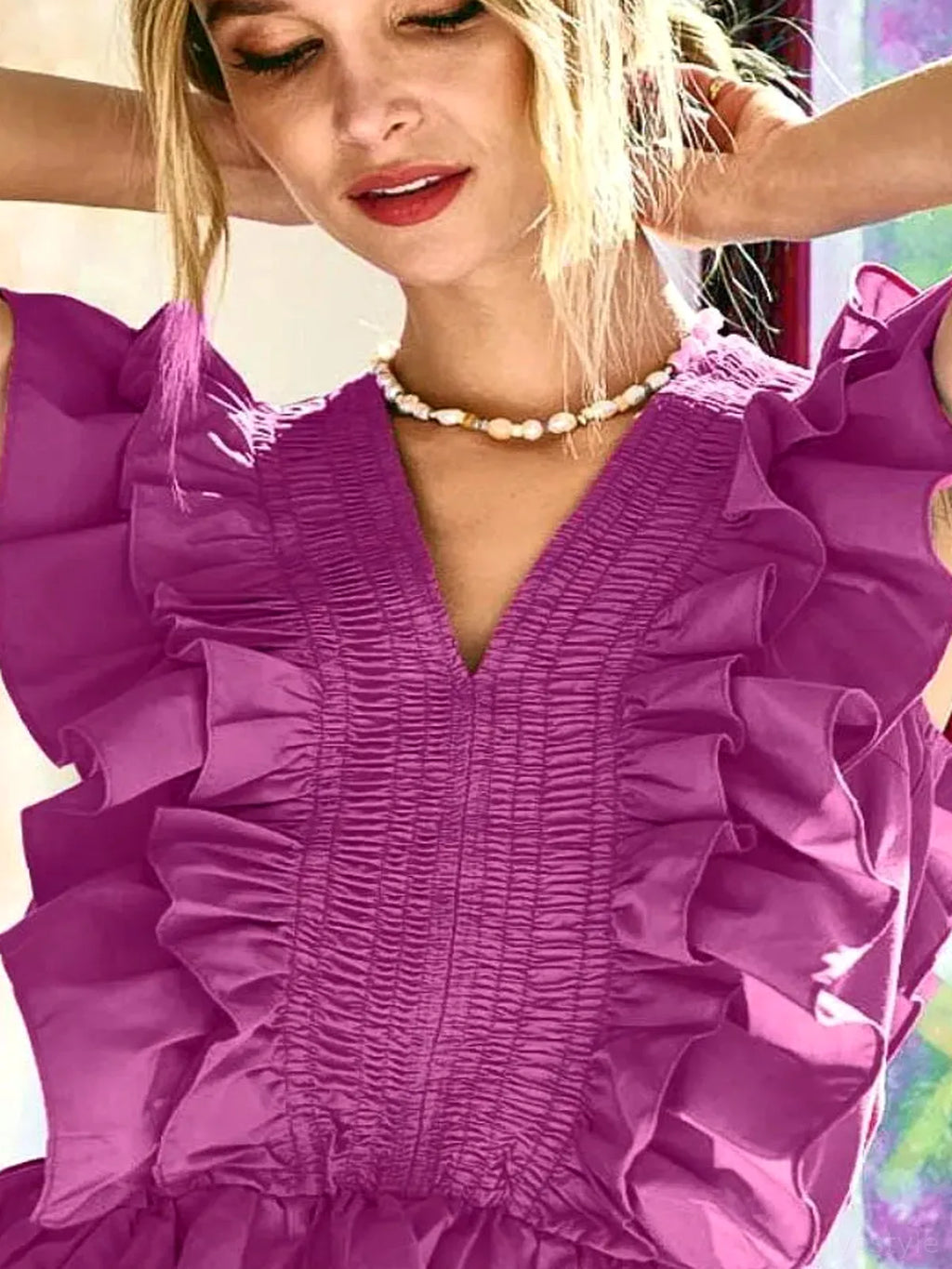 Woven Peplum Top with Ruffles and Smocked Detail