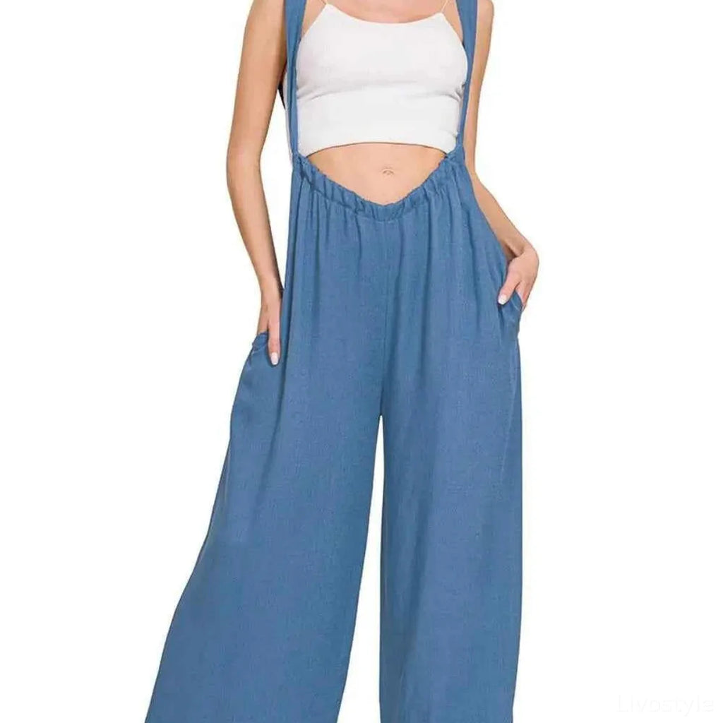 Woven Tie Back Suspender Jumpsuit with Pockets
