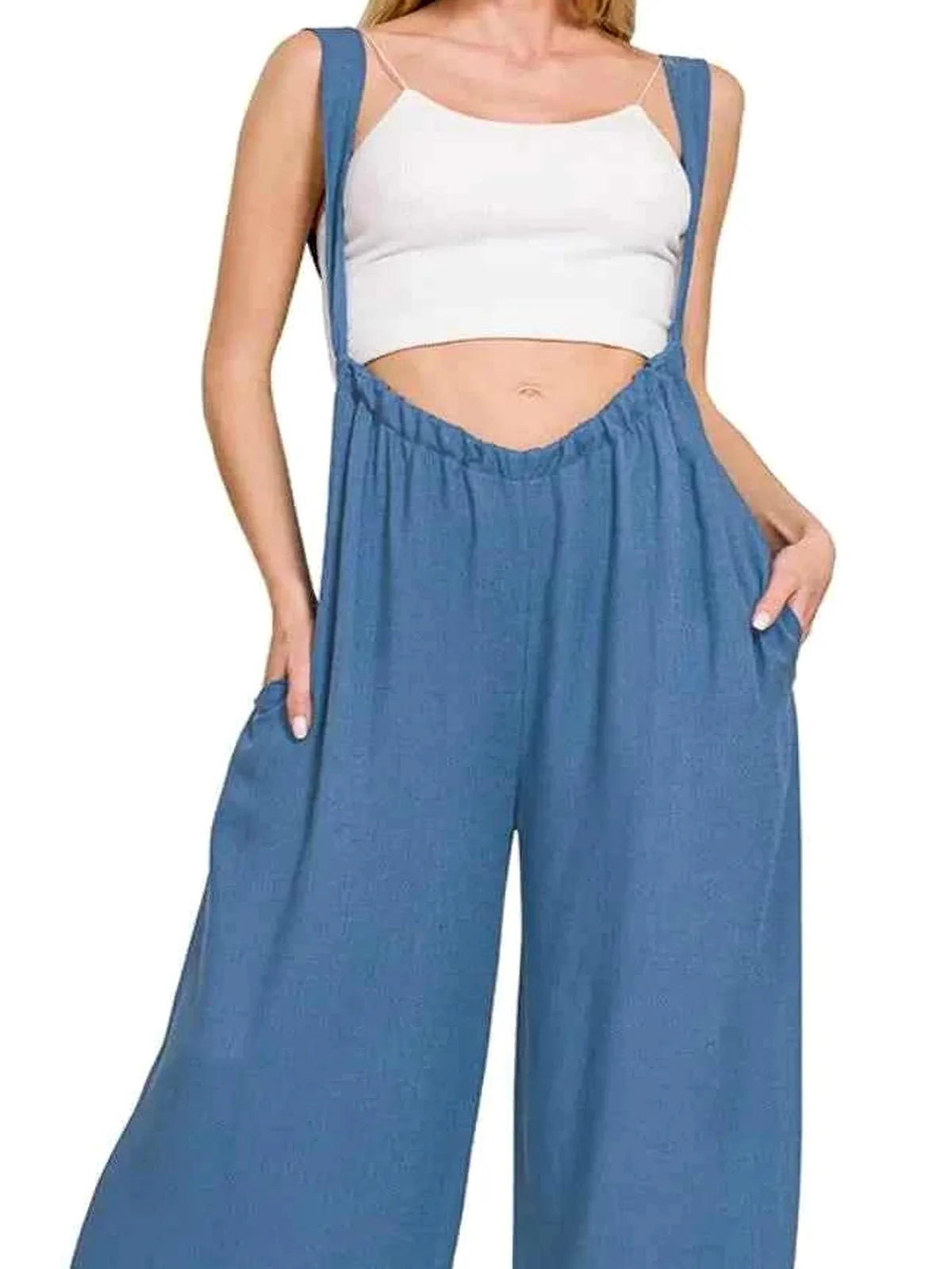 Woven Tie Back Suspender Jumpsuit with Pockets
